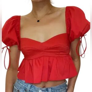 Oliveaceous Red Puff Sleeve Smocked Peplum Top Size Large